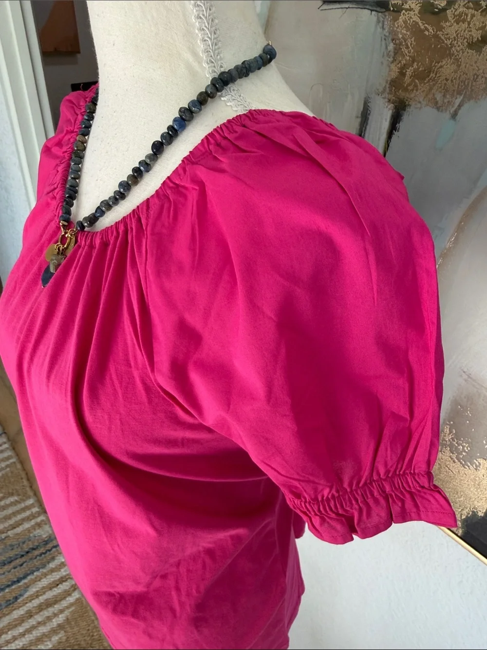 J. Crew Fuchsia Gathered-Neck Short Sleeve Summer Top Size SM 100%Cotton